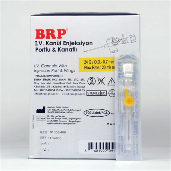 BRP Branül (İntraket) Sarı (24G) 100'lü Paket