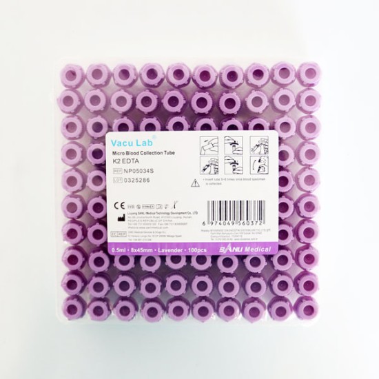 Vacu Lab K2 Edtalı Tüp 0,5 ML (Pediatrik) (Mor Kapak) 100'lü Paket